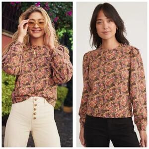 Marine Layer Enya Puff Sleeve Sweatshirt Size Small Brown Floral Coquette